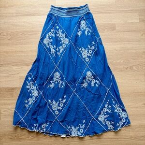 Meadow Rue Blue and White Embroidered Maxi Skirt